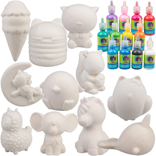DIY Party Craft Kit Jumbo 4-6" Blank Squishies (12pc) w Fabric Paint (12pk) Combo-White Kawaii Slow Rising Squishy Toys for Painting Scented Stress Relief Craft Kids School Birthday Activity Gift